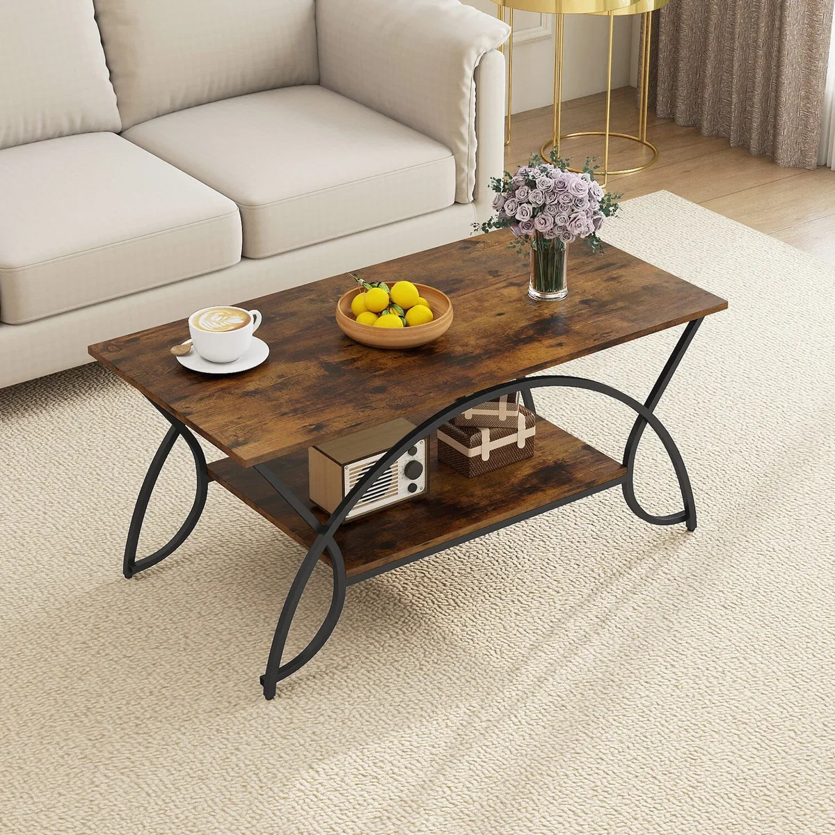 Costway 2-Tier Industrial Coffee Table - Brown – image 5
