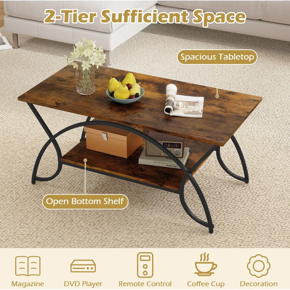 Costway 2-Tier Industrial Coffee Table - Brown – image 6