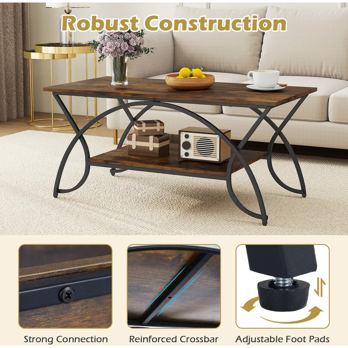 Costway 2-Tier Industrial Coffee Table - Brown – image 10