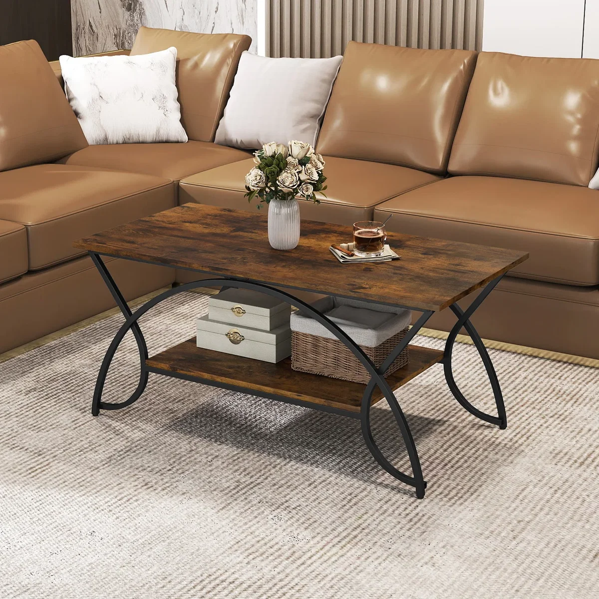 Costway 2-Tier Industrial Coffee Table - Brown – image 1