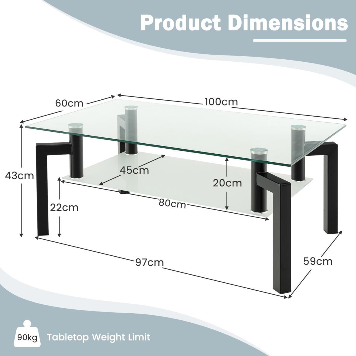 Costway Rectangle Glass Coffee Table-Black - Black – image 2