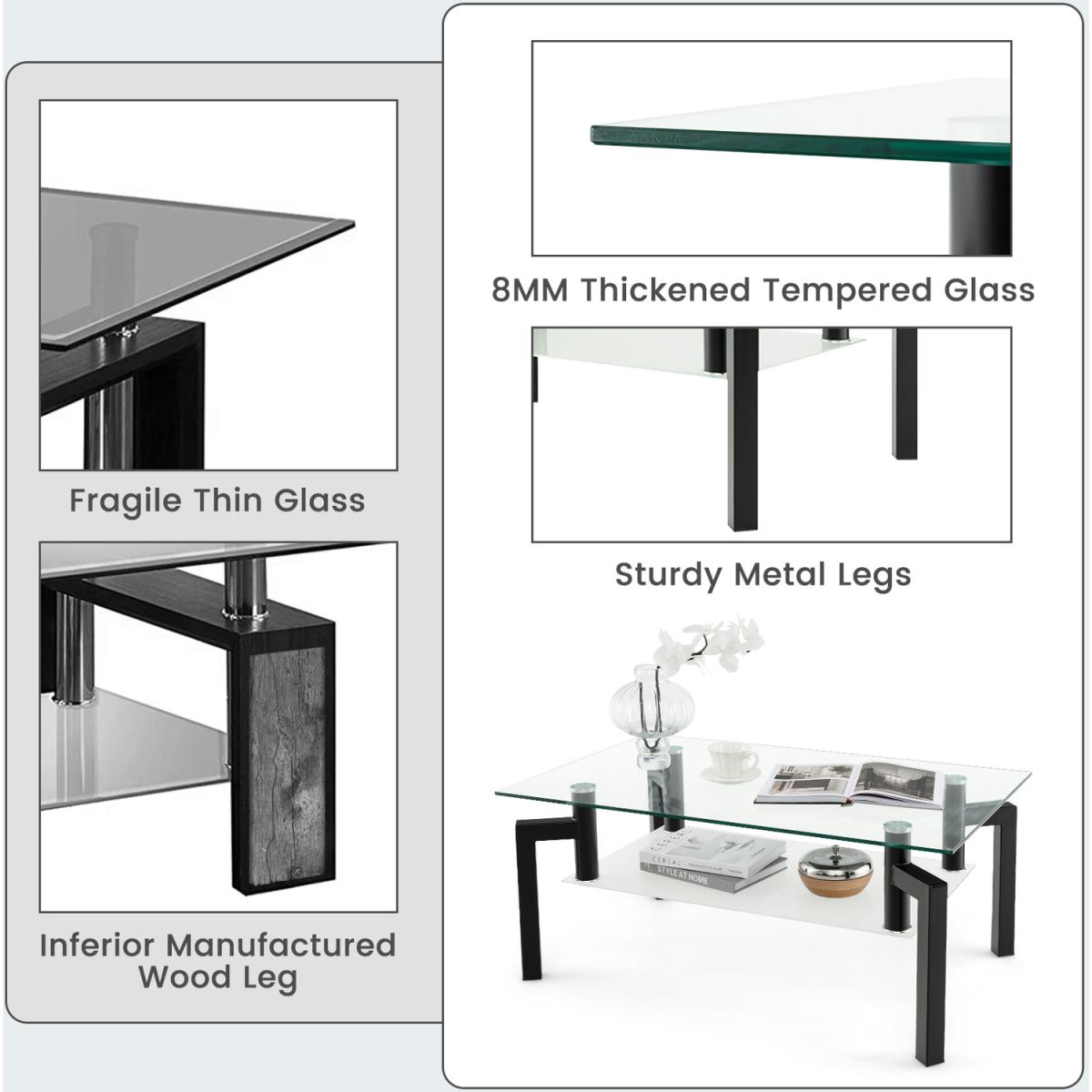 Costway Rectangle Glass Coffee Table-Black - Black – image 3