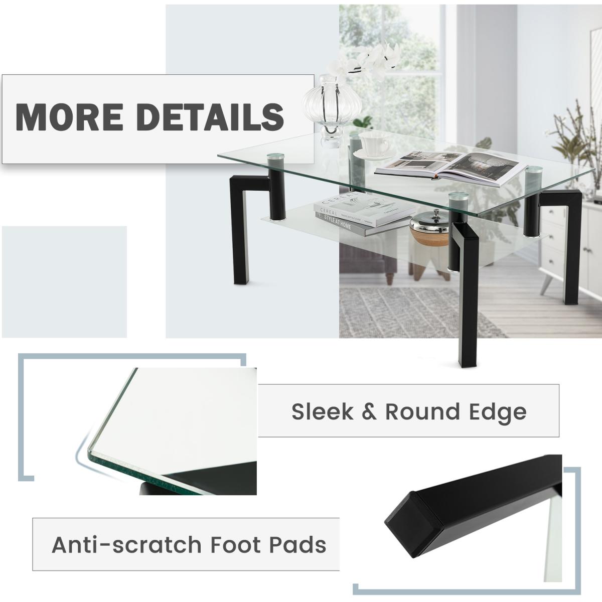 Costway Rectangle Glass Coffee Table-Black - Black – image 4