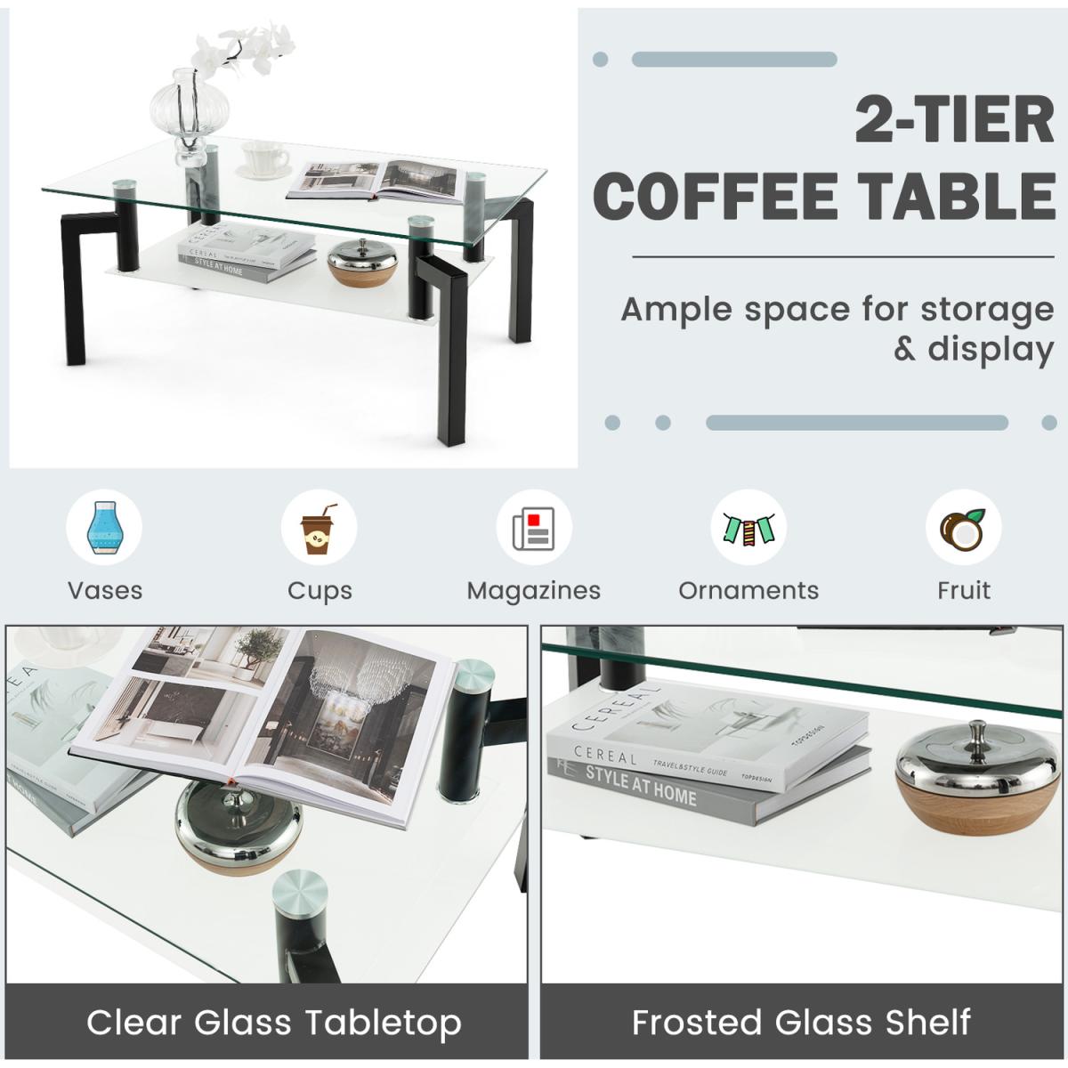 Costway Rectangle Glass Coffee Table-Black - Black – image 6