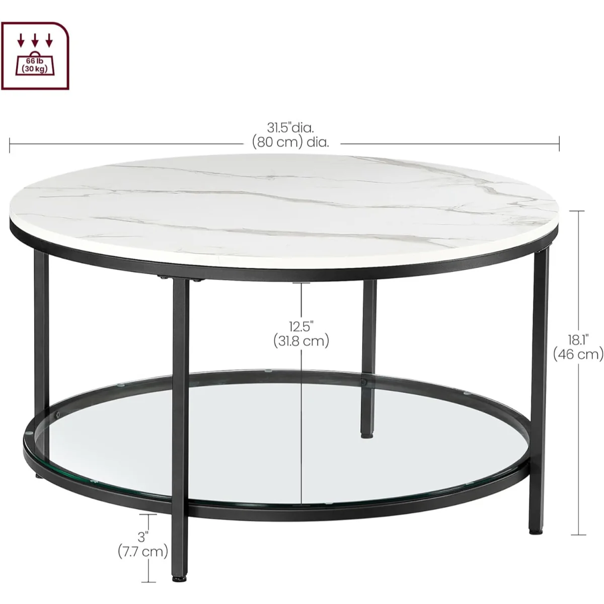 Round Coffee Table with Faux Marble Top and Built-In Storage Shelf, Modern Living Room Table - Marble White and Black – image 2
