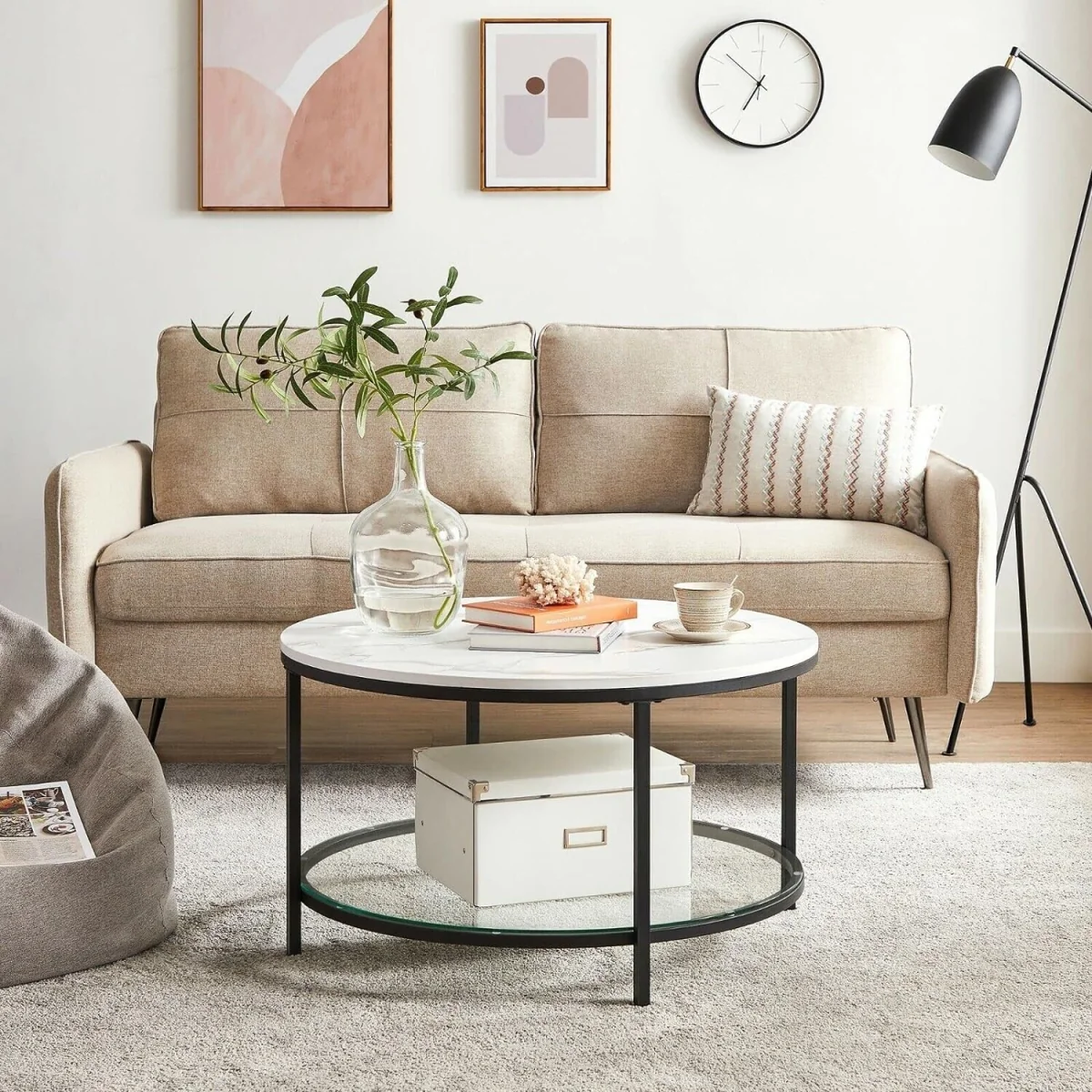 Round Coffee Table with Faux Marble Top and Built-In Storage Shelf, Modern Living Room Table - Marble White and Black – image 3