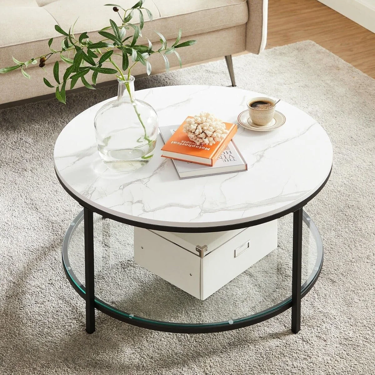 Round Coffee Table with Faux Marble Top and Built-In Storage Shelf, Modern Living Room Table - Marble White and Black – image 4