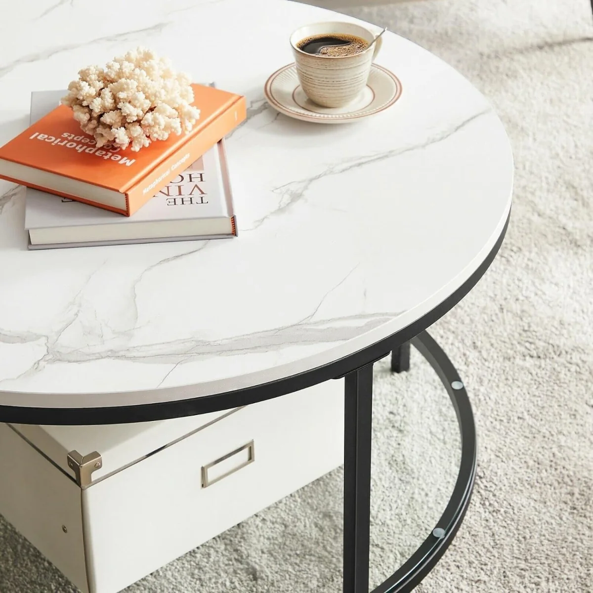 Round Coffee Table with Faux Marble Top and Built-In Storage Shelf, Modern Living Room Table - Marble White and Black – image 5