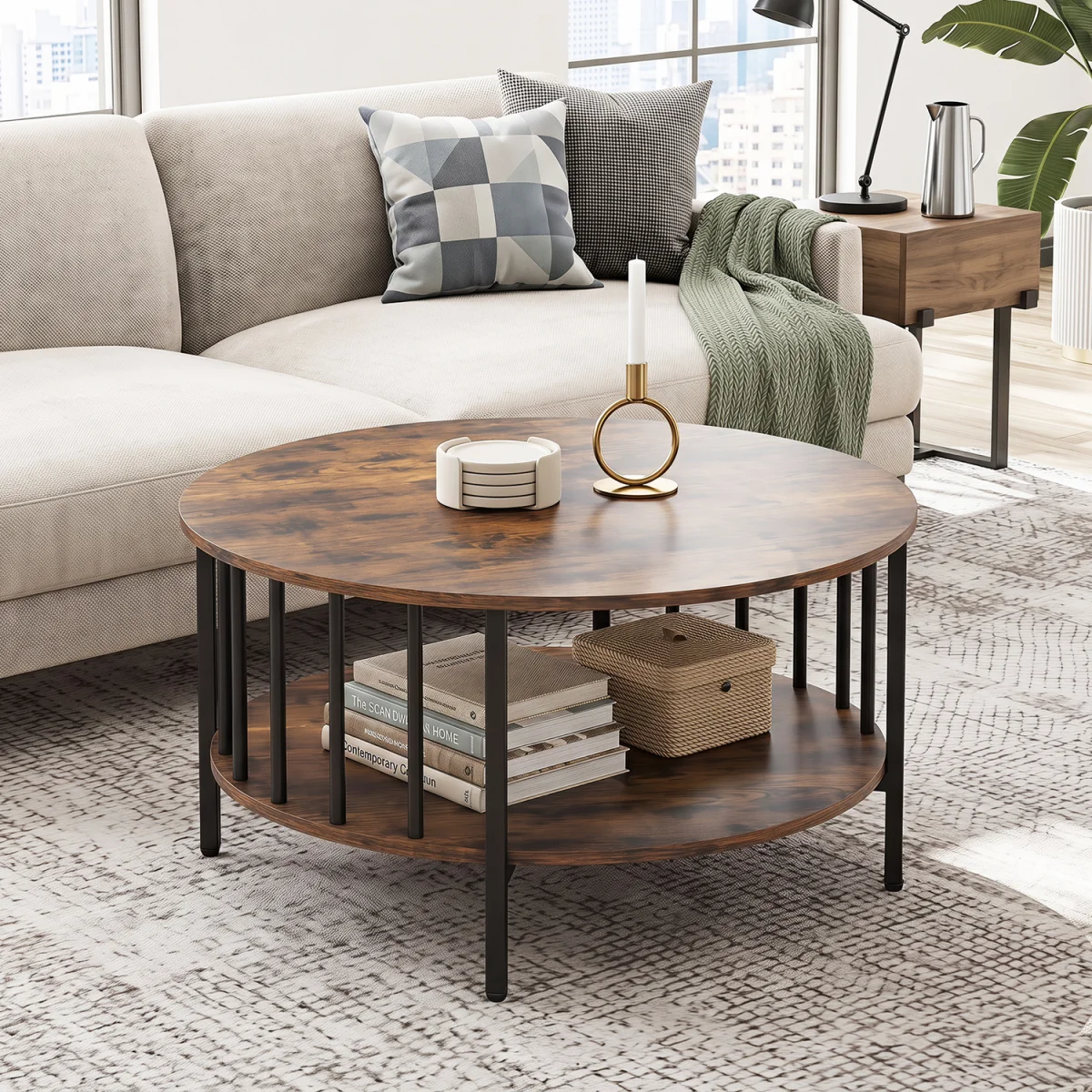 2 Tier Round Coffee Center Table with Metal Frame - Brown – image 2