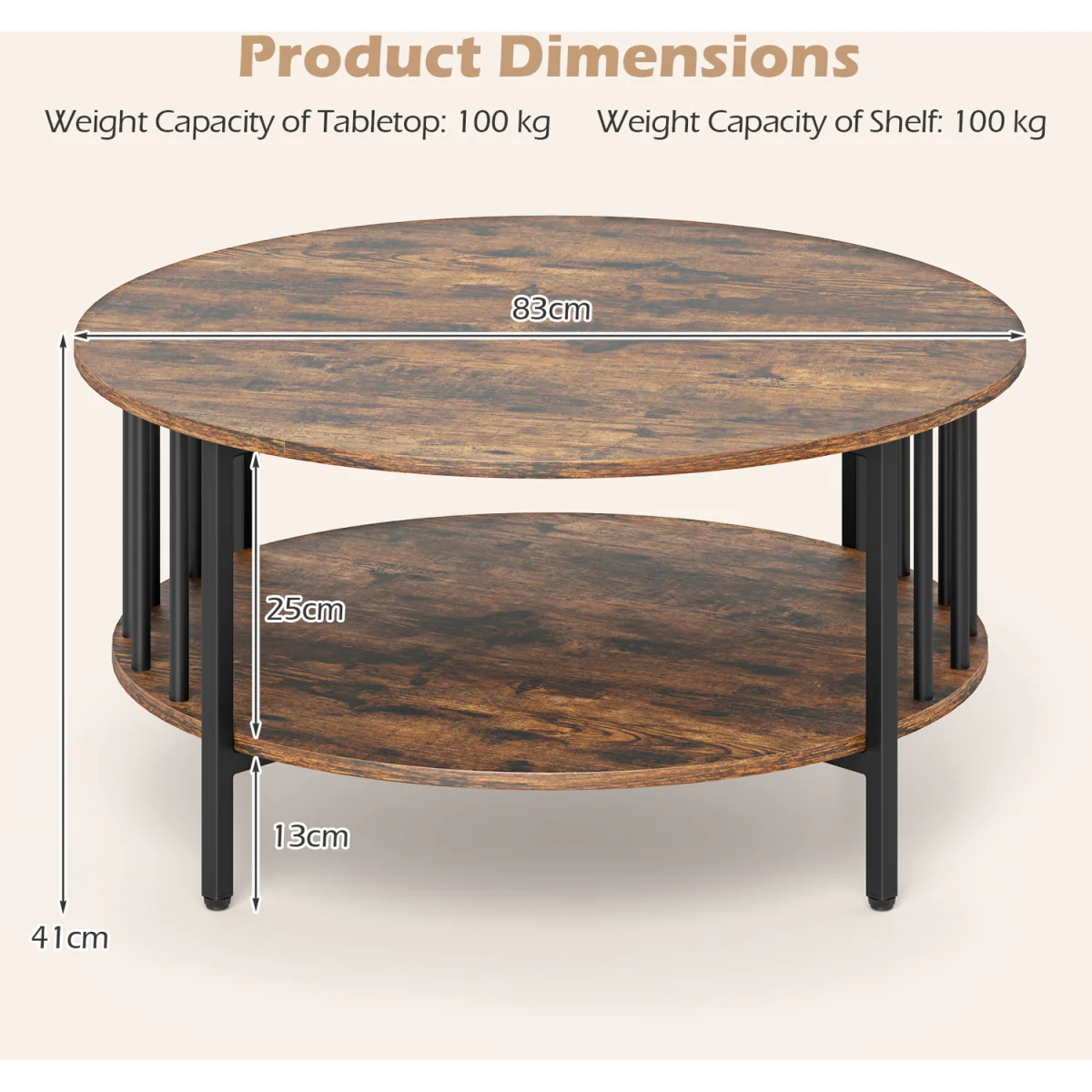 2 Tier Round Coffee Center Table with Metal Frame - Brown – image 3