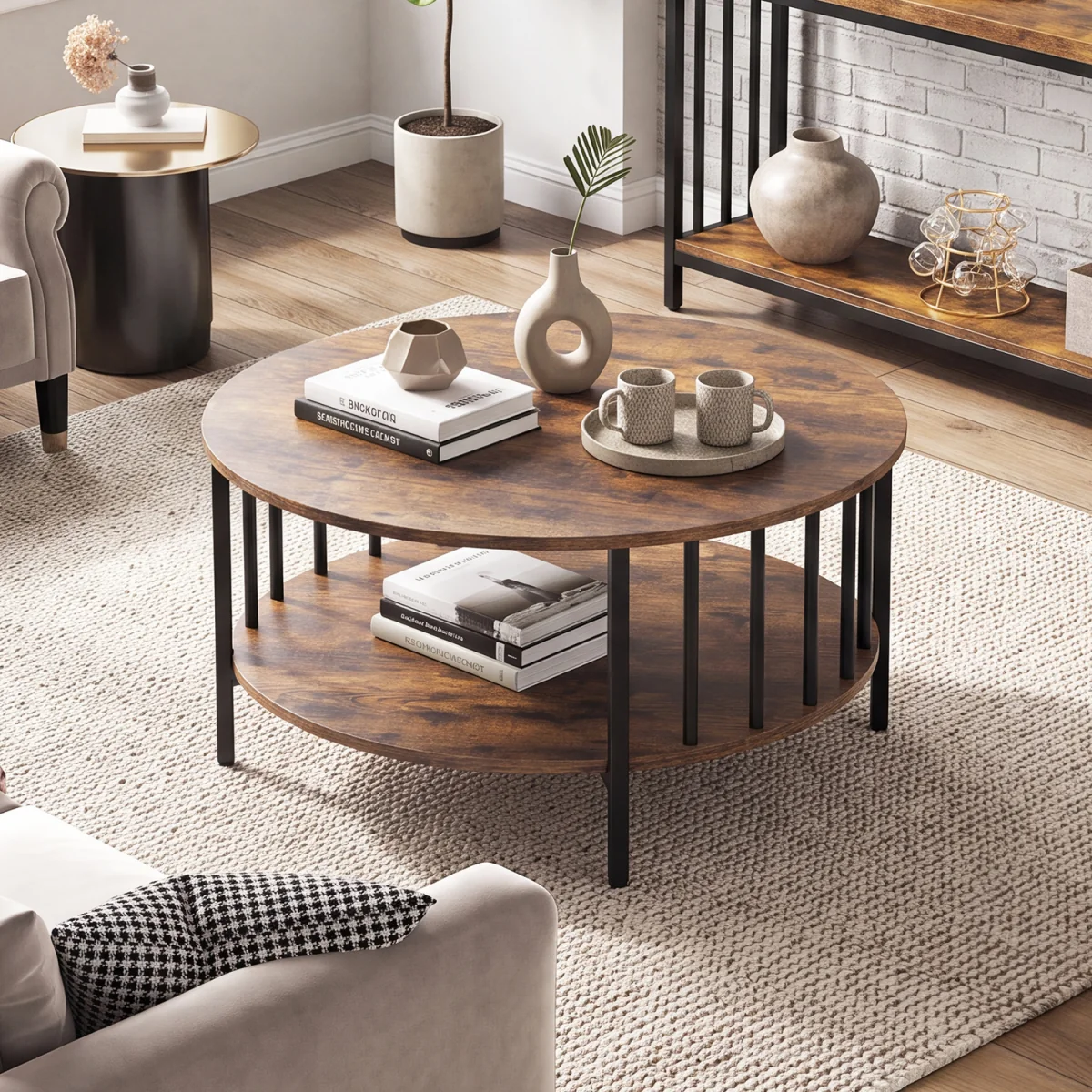 2 Tier Round Coffee Center Table with Metal Frame - Brown – image 4