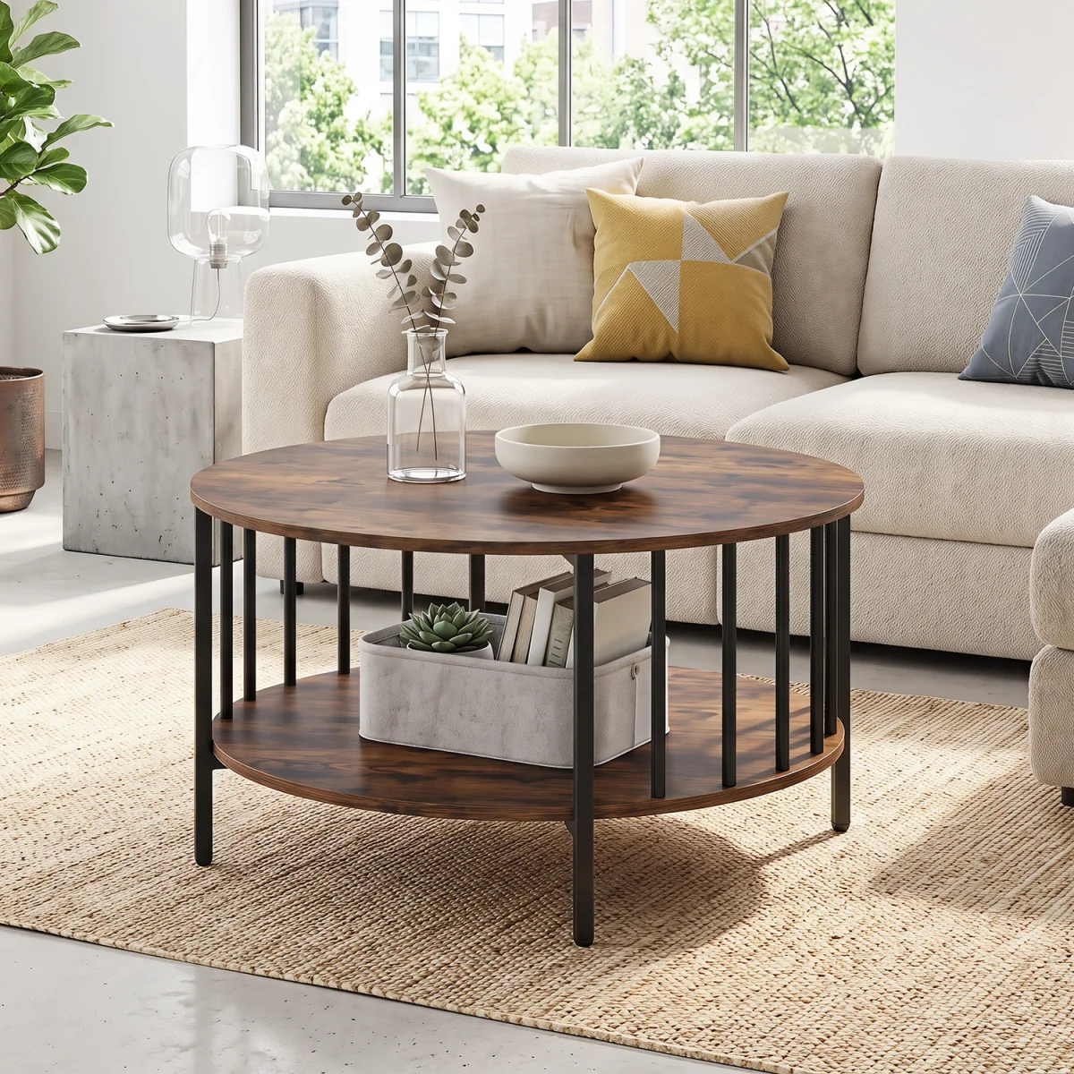 2 Tier Round Coffee Center Table with Metal Frame - Brown – image 5