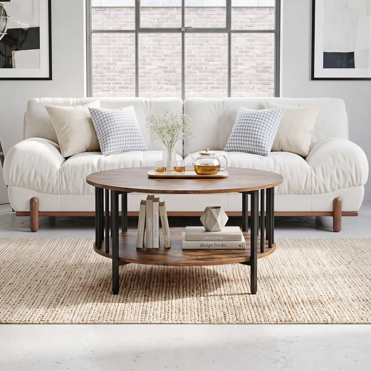 2 Tier Round Coffee Center Table with Metal Frame - Brown – image 6