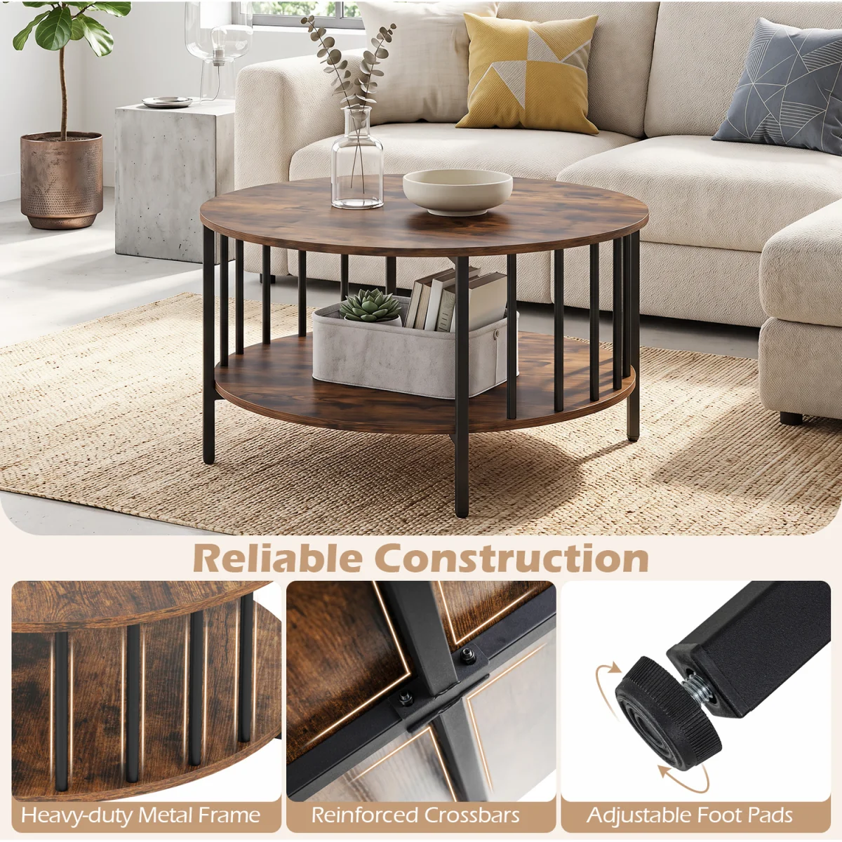 2 Tier Round Coffee Center Table with Metal Frame - Brown – image 7