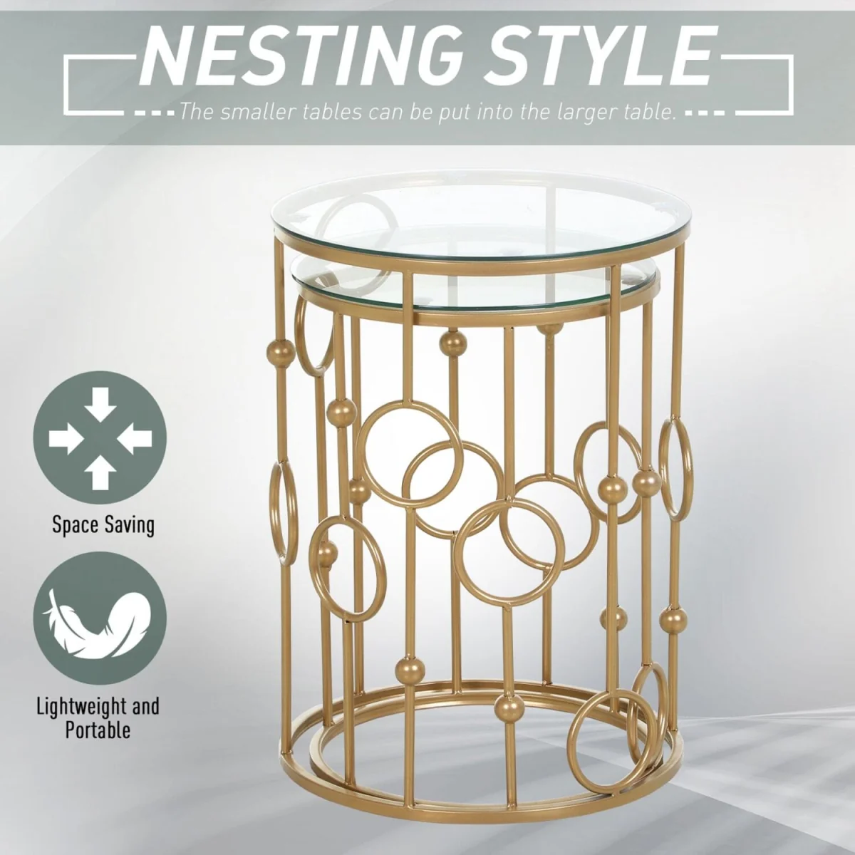 Basu Metal Gold and Glass Set Of 2 Round Nesting Coffee Tables – image 3