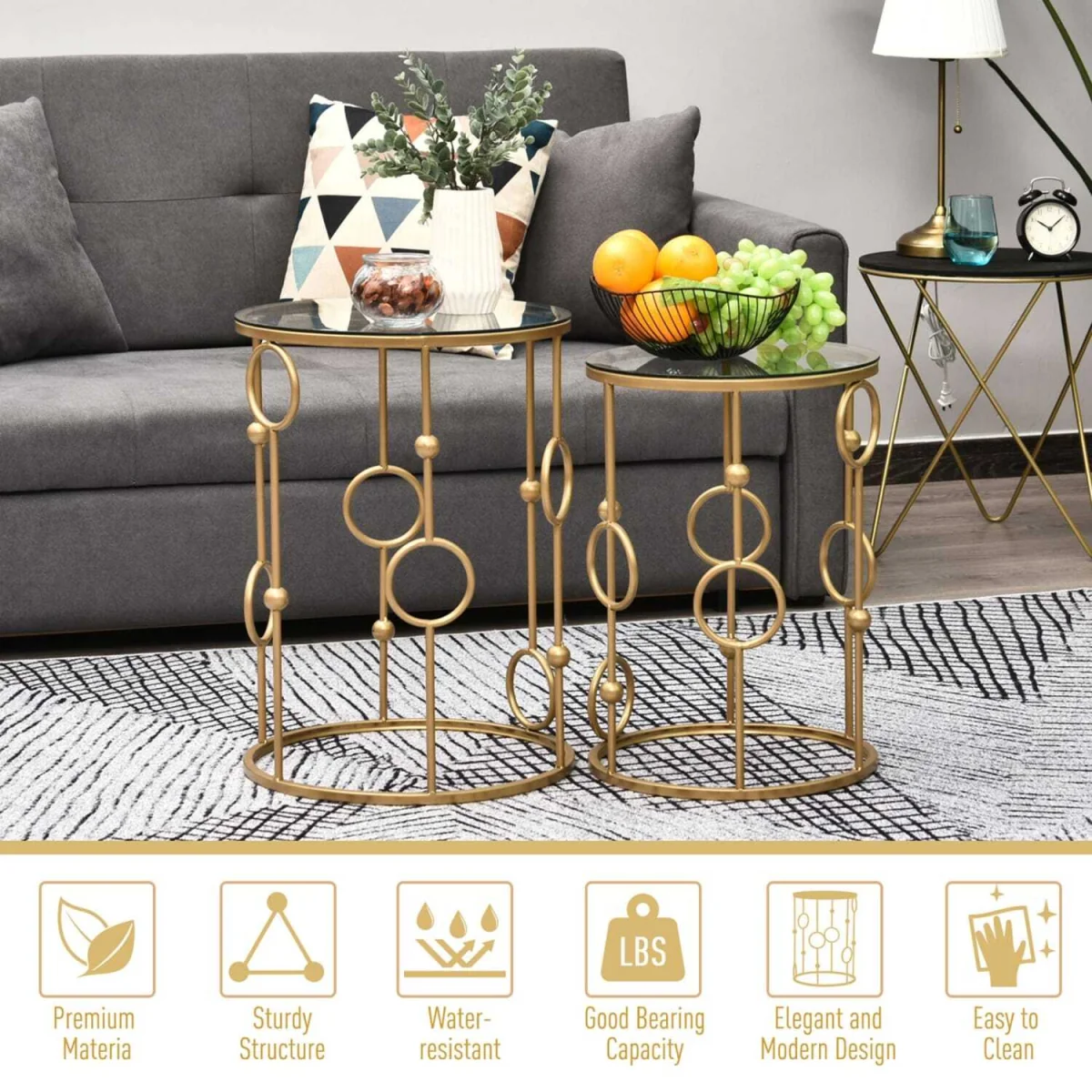 Basu Metal Gold and Glass Set Of 2 Round Nesting Coffee Tables – image 5