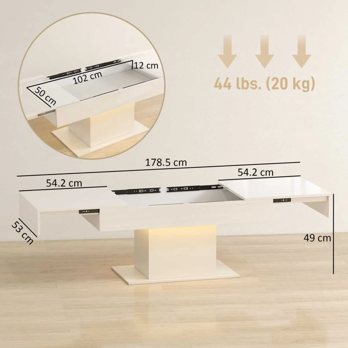 Mara Extendable Coffee Table High Gloss White with LED and Storage – image 4