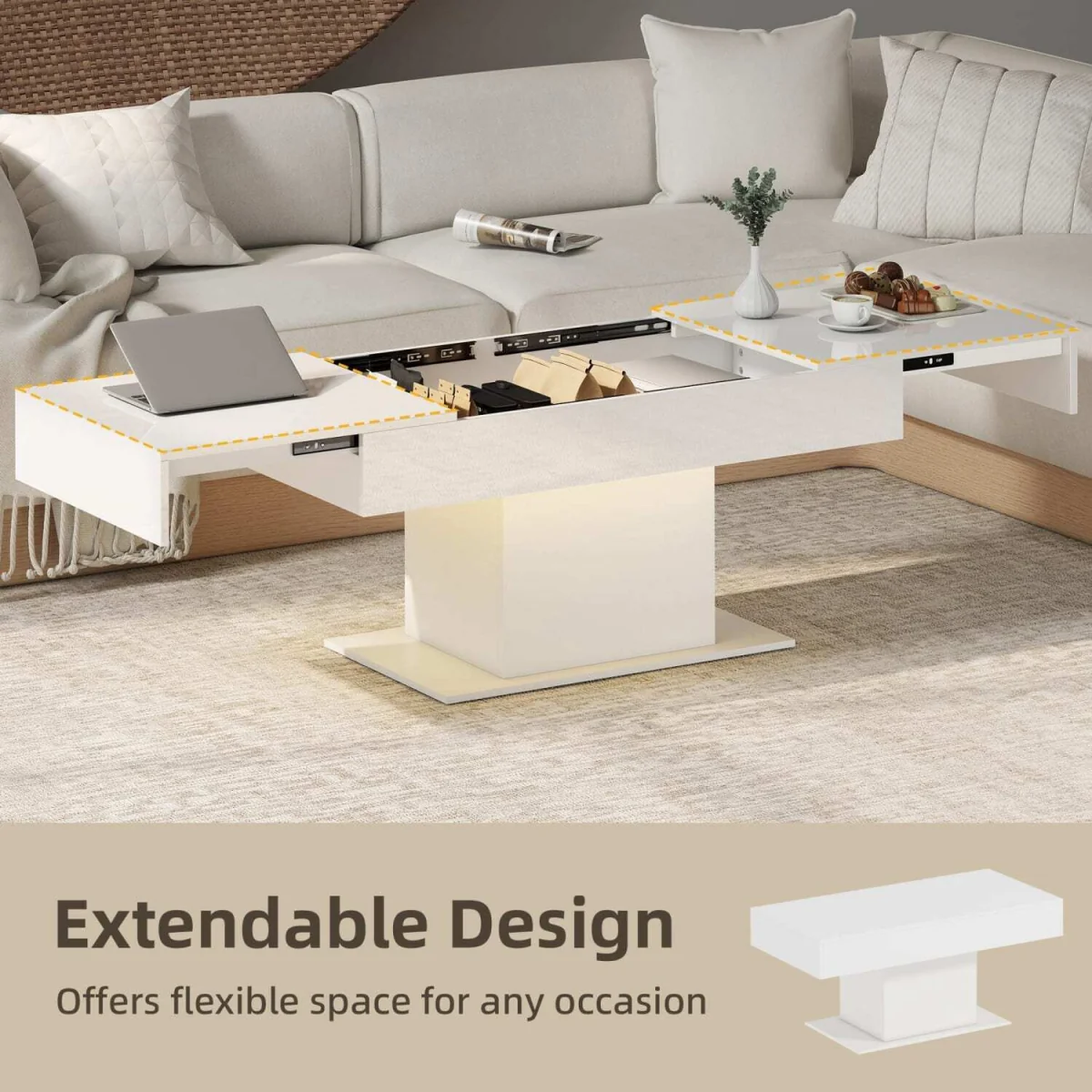 Mara Extendable Coffee Table High Gloss White with LED and Storage – image 5