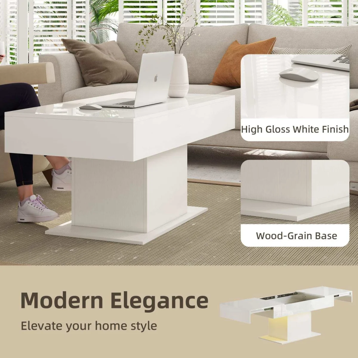 Mara Extendable Coffee Table High Gloss White with LED and Storage – image 8