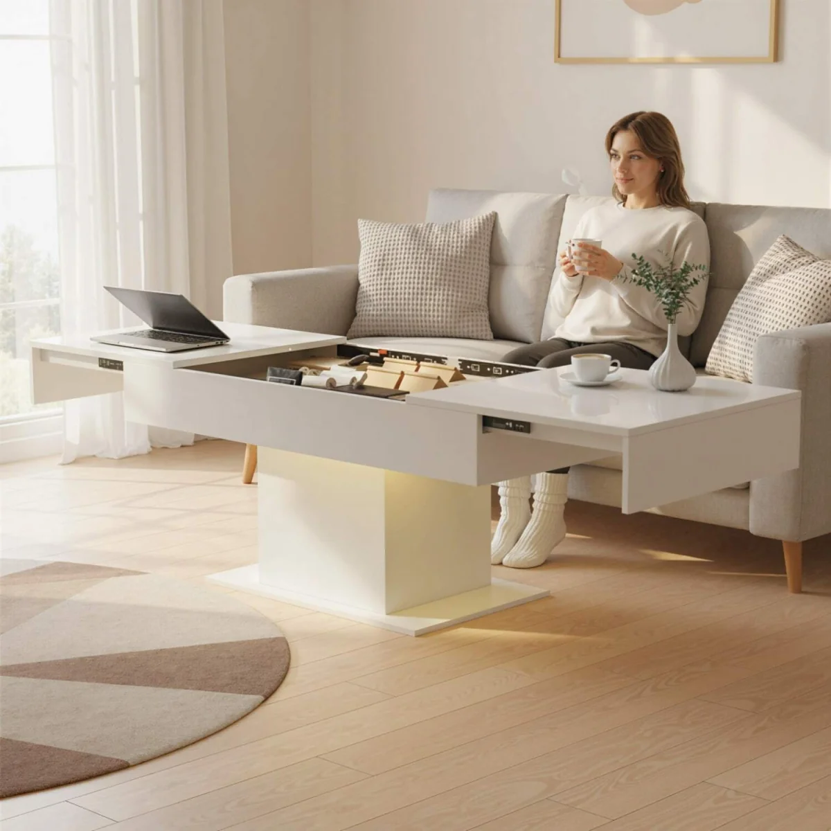 Mara Extendable Coffee Table High Gloss White with LED and Storage – image 9