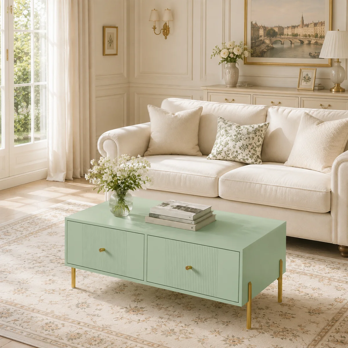 HOMCOM Coffee Table with 2 Drawers and legs for Living Room, Light Green – image 1
