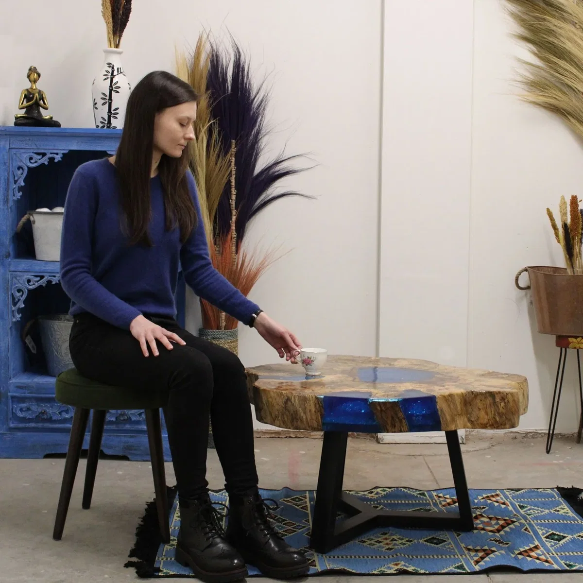 Tamarind & Resin Sky Blue Coffee Table Unique Modern Wooden Accent - Sky Blue – image 6