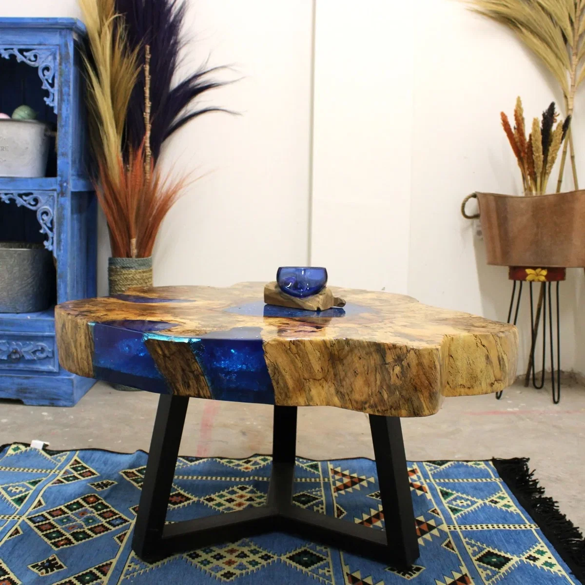 Tamarind & Resin Sky Blue Coffee Table Unique Modern Wooden Accent - Sky Blue – image 8