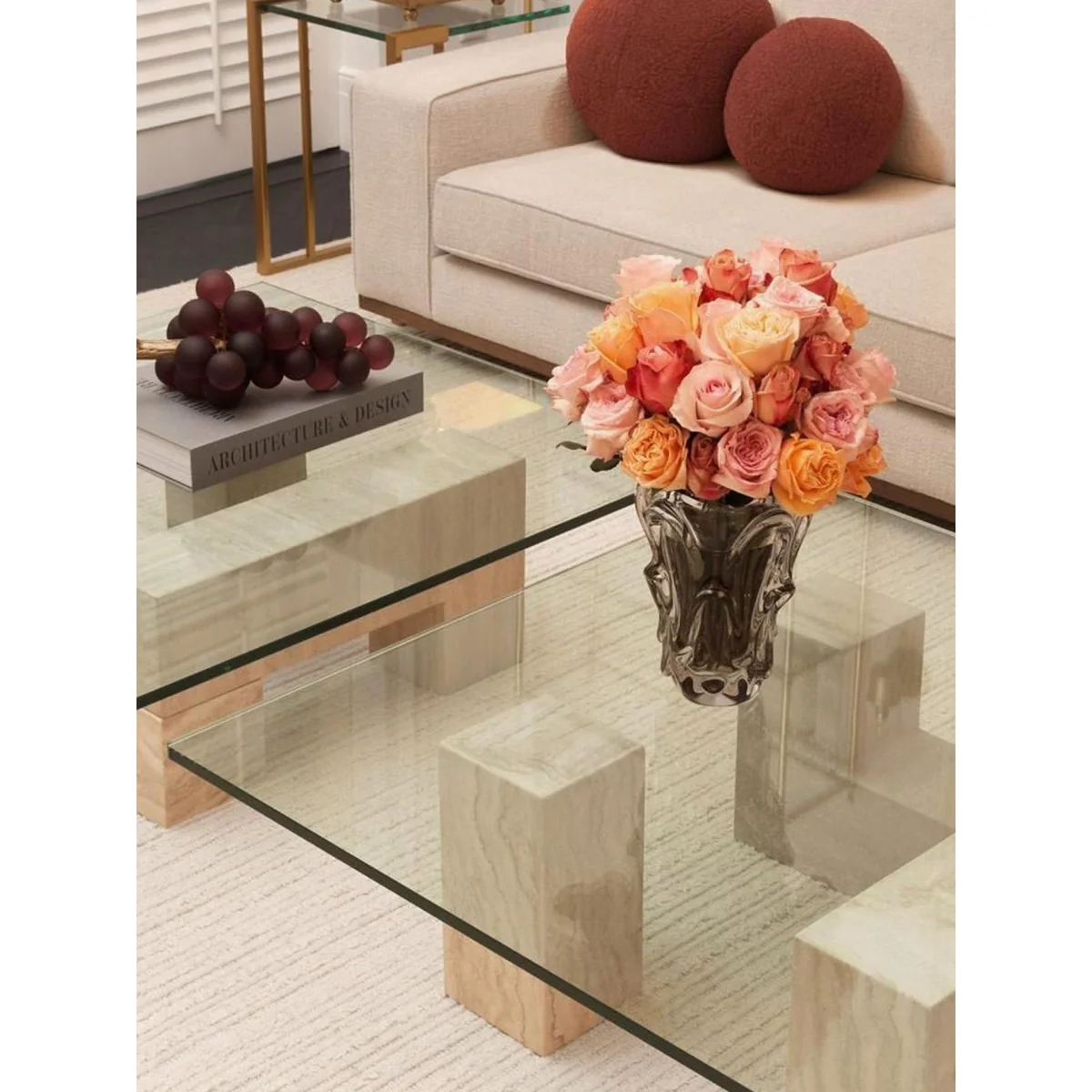 Travertine Coffee Table Ikal with Glass Top – image 2