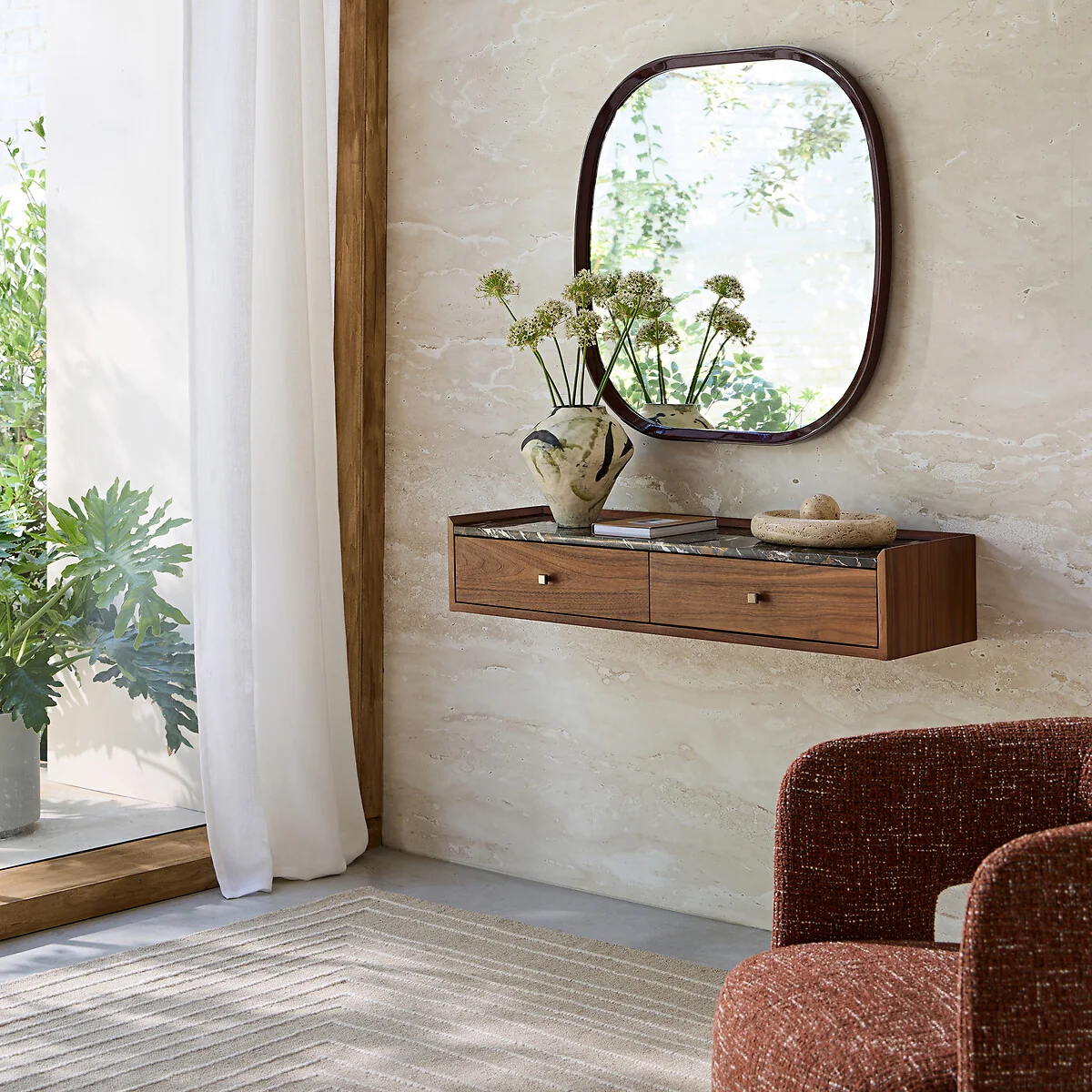 Noham Wall-Mounted Console Table in Walnut Veneer and Amber Marble – image 2