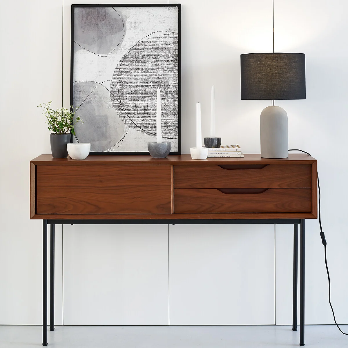 Noyeto Console Table with 1 Door, 2 Drawers in Walnut Veneer – image 2