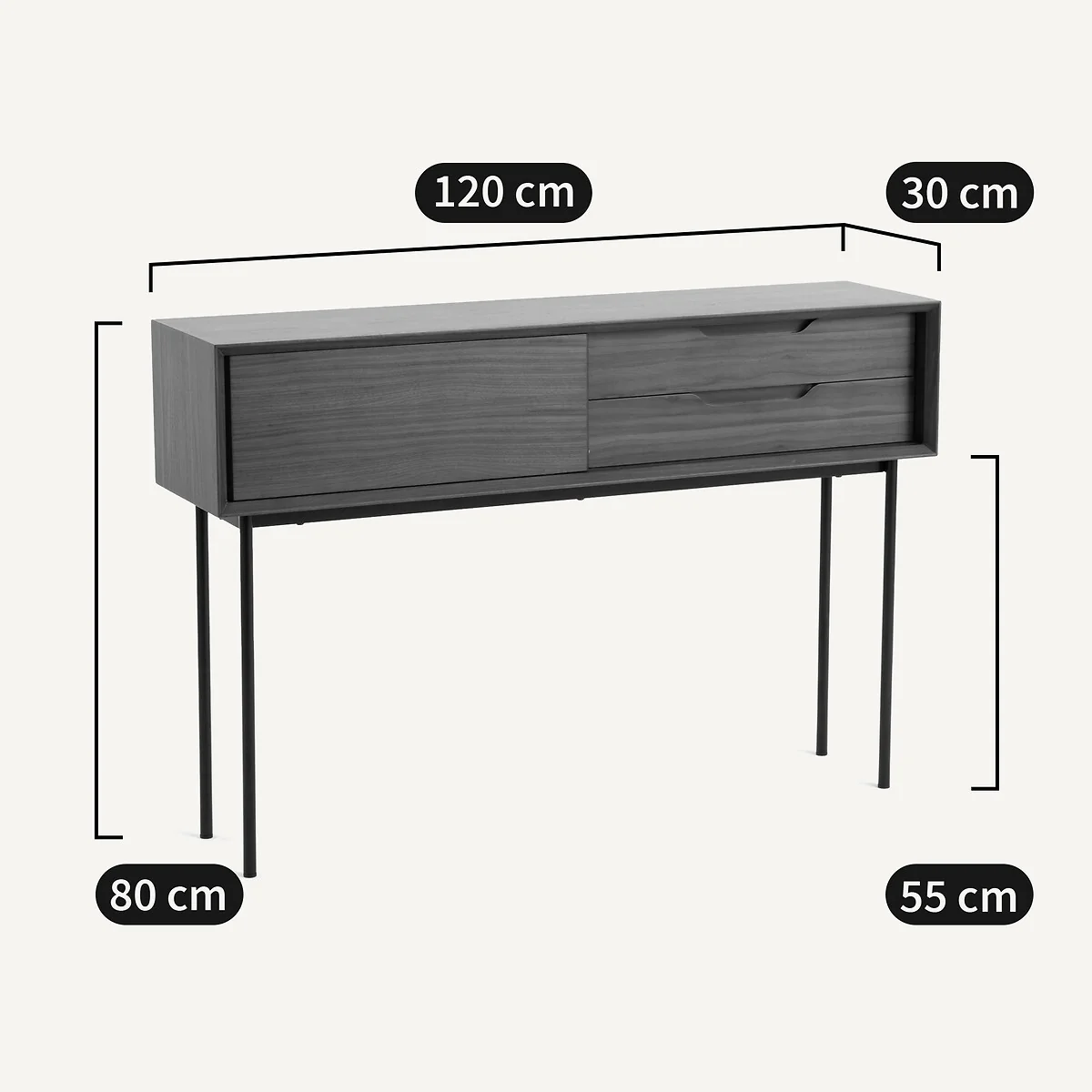 Noyeto Console Table with 1 Door, 2 Drawers in Walnut Veneer – image 8