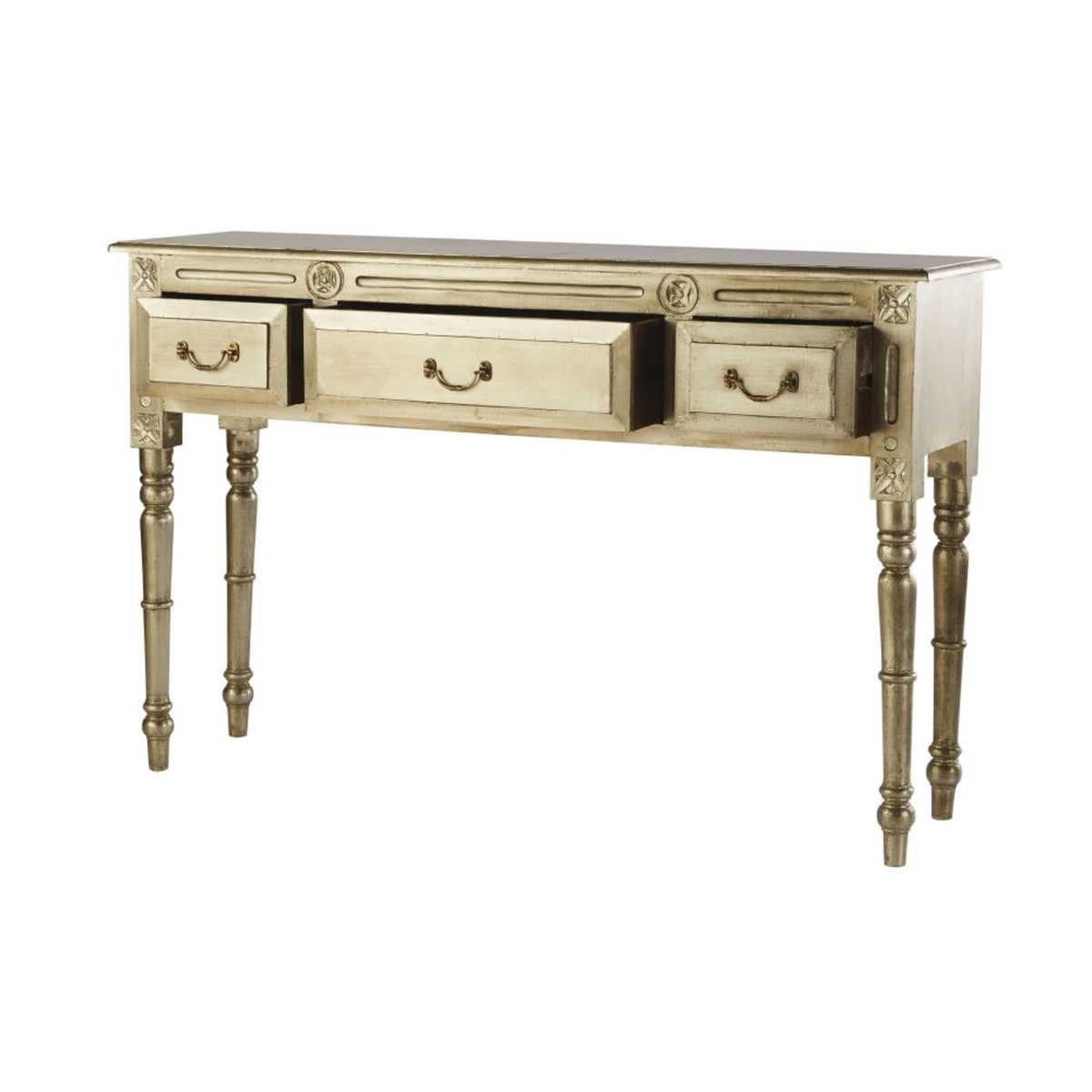 Silver Aged Effect Solid Mango Wood 3-Drawer Console Table Maharaja – image 3