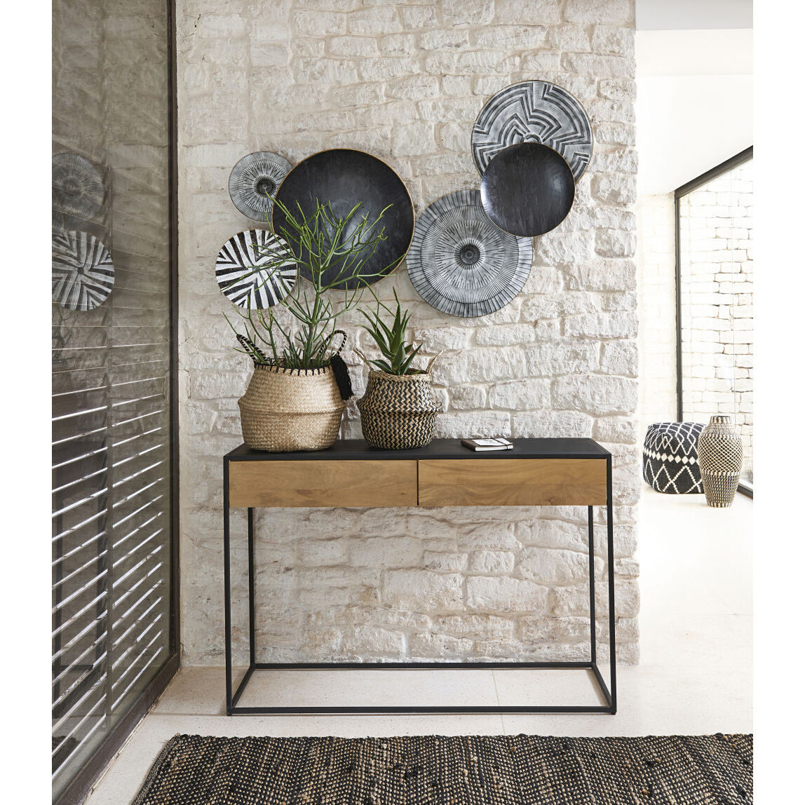 Black Metal and Solid Mango Wood 2-Drawer Console Table – image 5