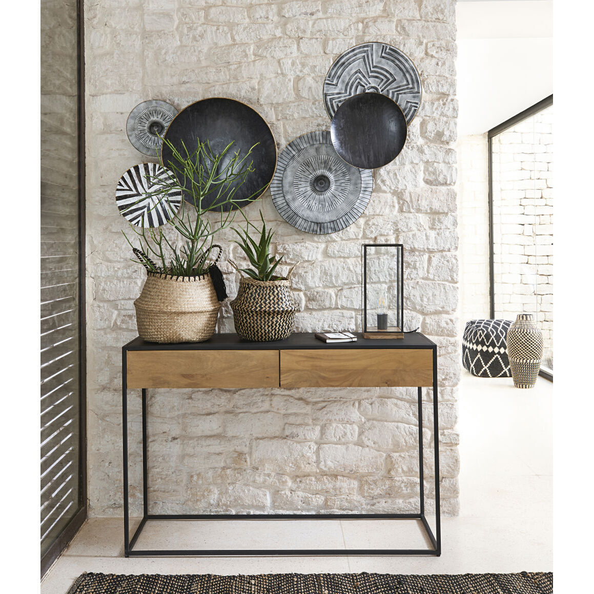 Black Metal and Solid Mango Wood 2-Drawer Console Table – image 6
