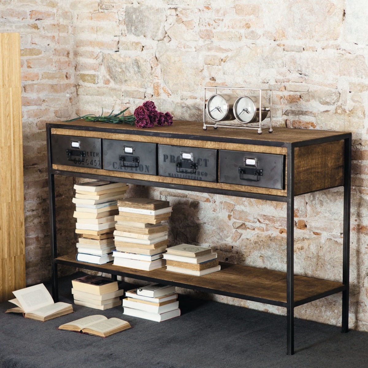 Solid Mango Wood and Black Metal Industrial Console Table Manufacture – image 5