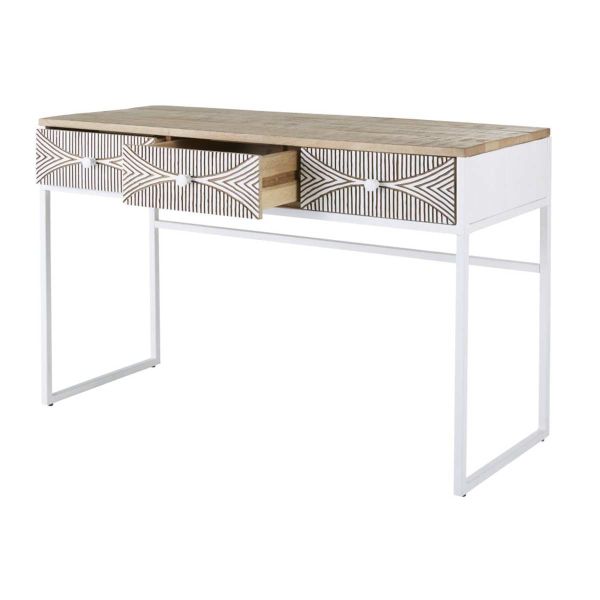 Carved Solid Mango Wood 3-Drawer Console Table Santao – image 2