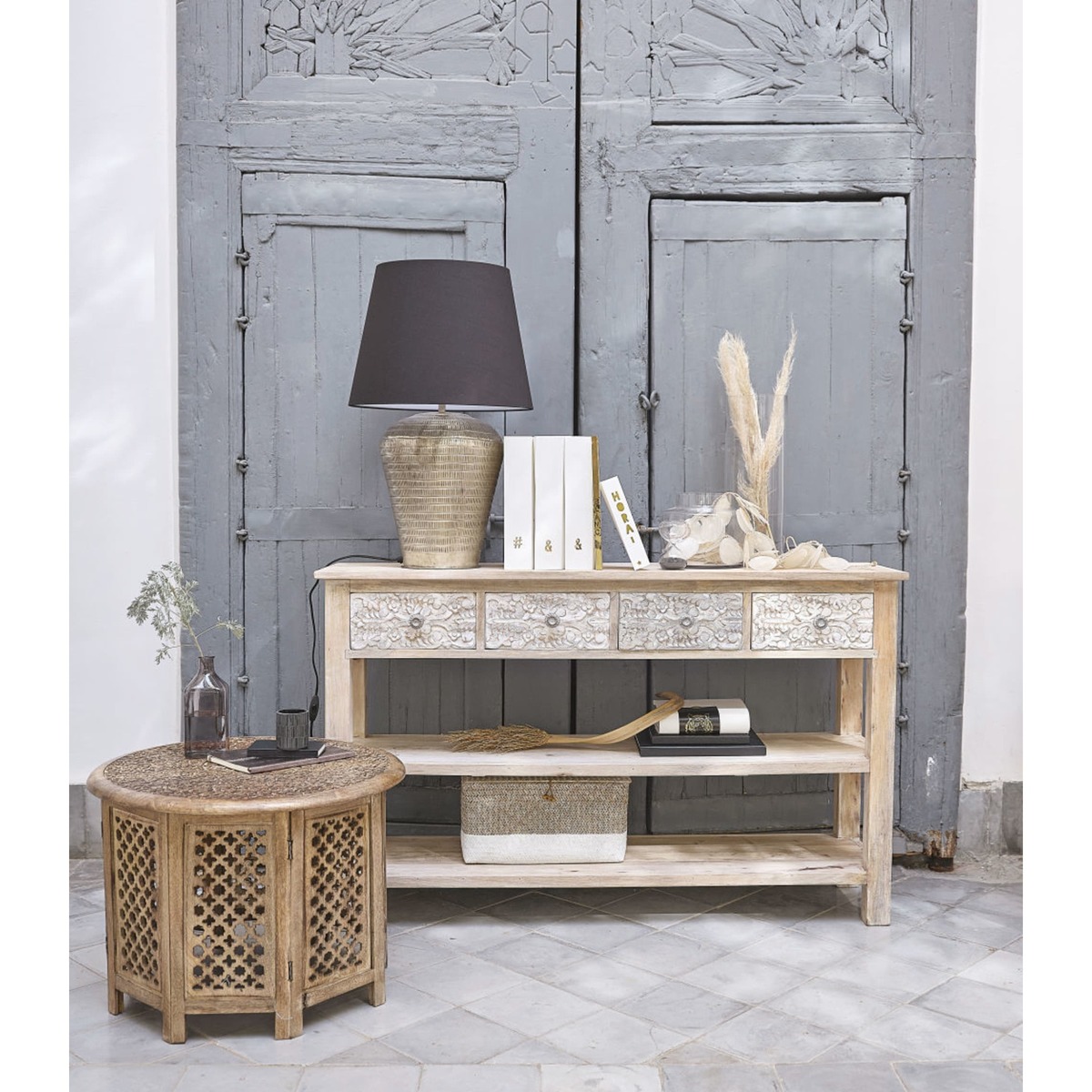 Carved Solid Mango Wood 4-Drawer Console Table Namaste – image 2