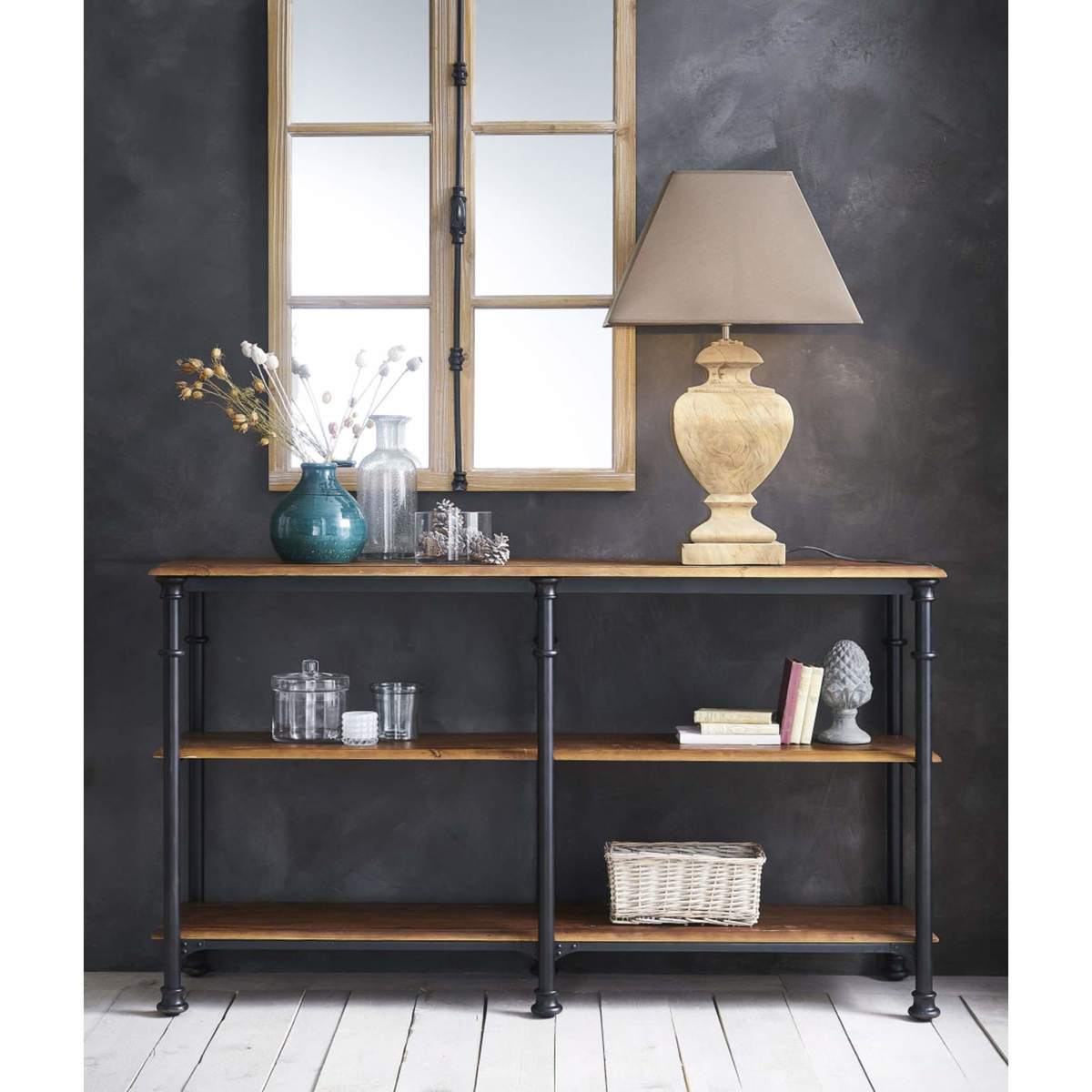 Recycled solid mango wood and metal console table in black W 160cm Fontainebleau – image 2