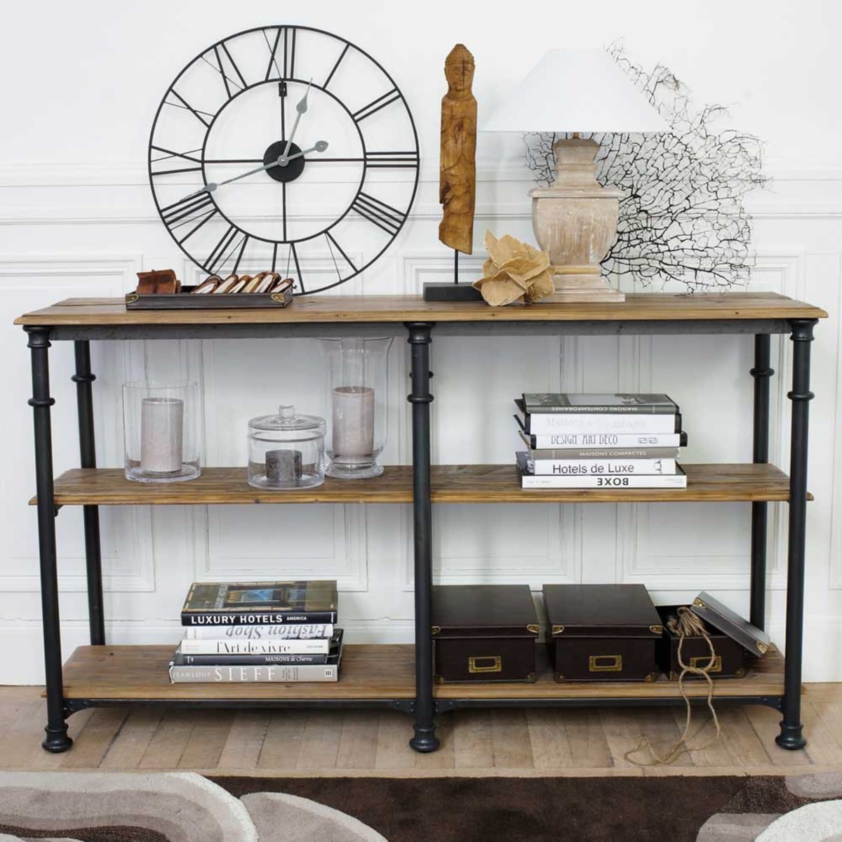 Recycled solid mango wood and metal console table in black W 160cm Fontainebleau – image 7