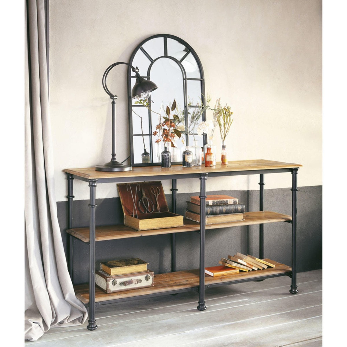 Recycled solid mango wood and metal console table in black W 160cm Fontainebleau – image 9