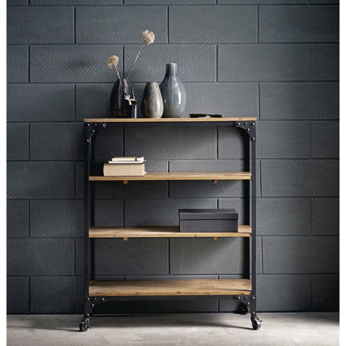 Metal and fir industrial console table on castors in charcoal grey Brooklyn – image 2