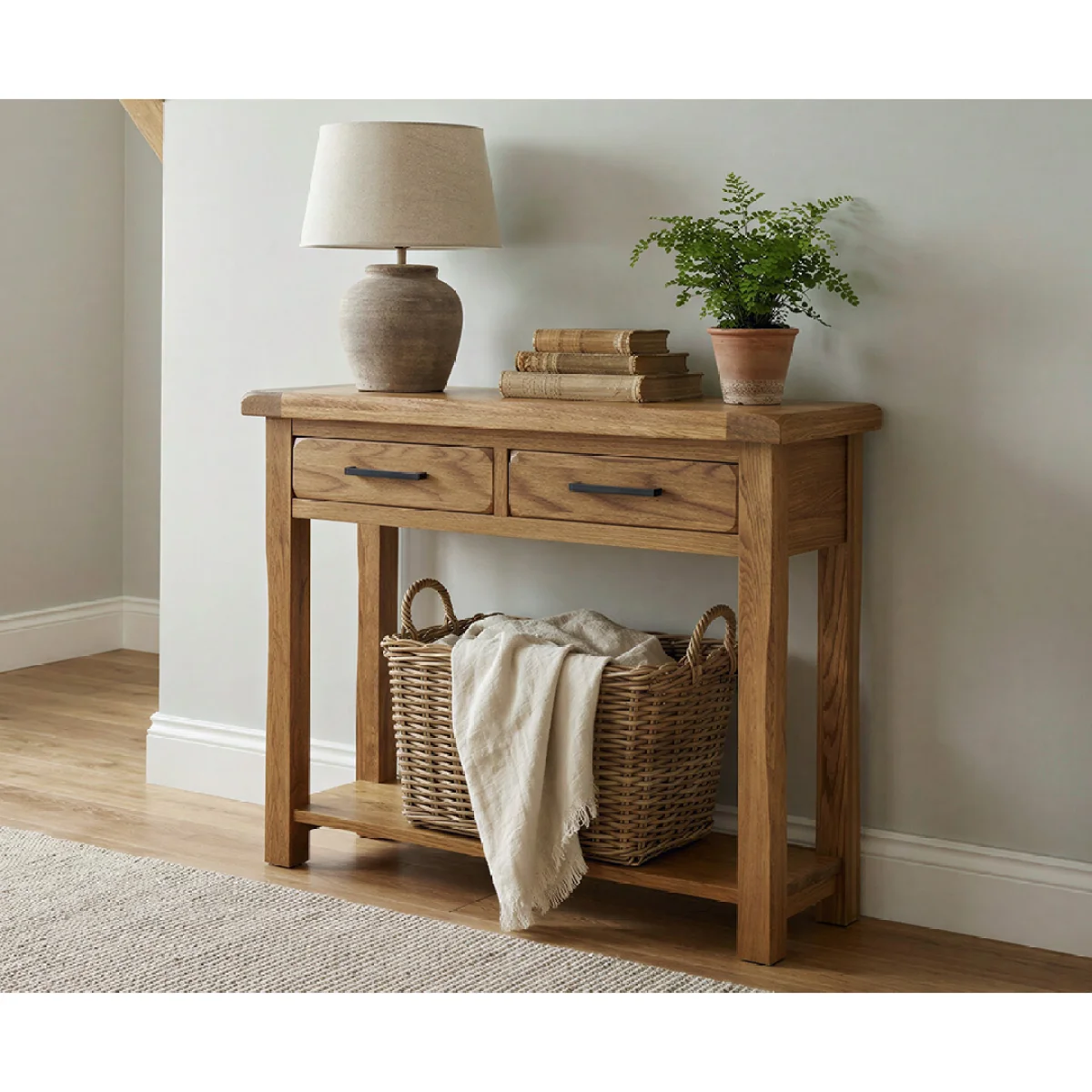 Harrogate Rustic Solid Oak 2 Drawer Console Table – image 3