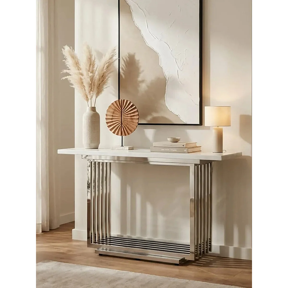 Moda White Marble Effect Console Table with Silver Finish Base – image 3