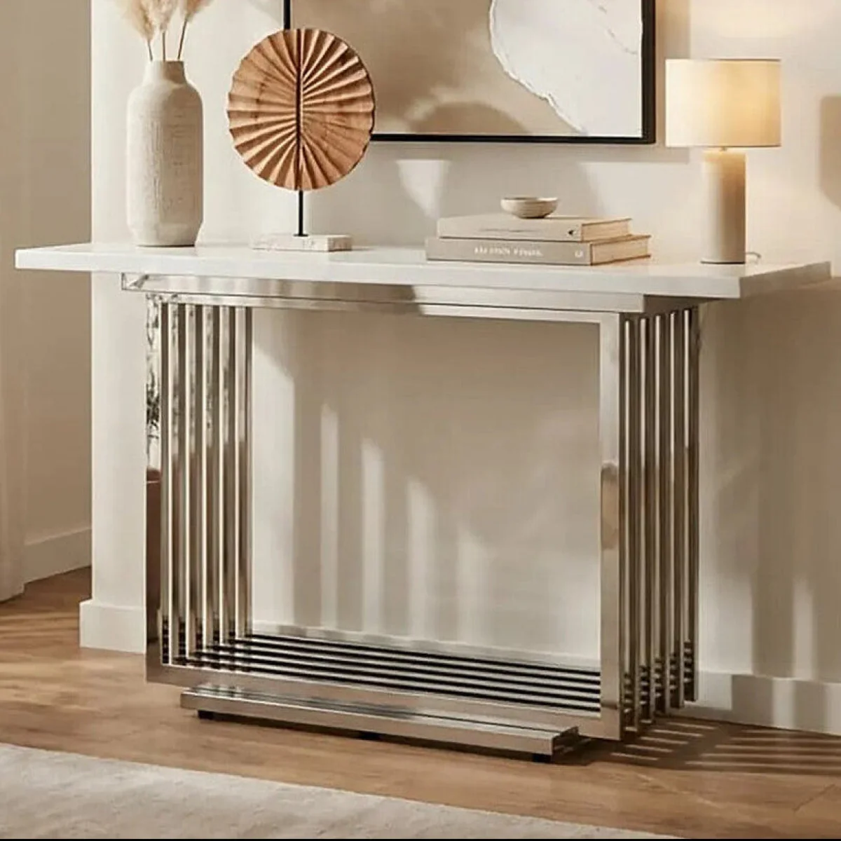 Moda White Marble Effect Console Table with Silver Finish Base – image 1