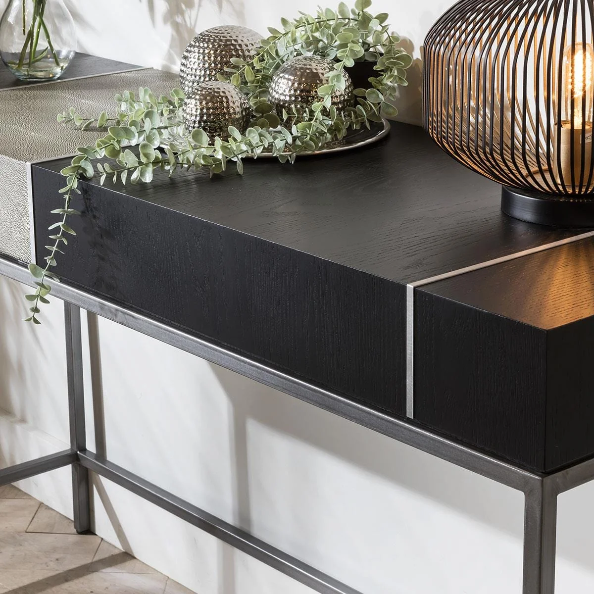 Modern Hallway Entrance Console Table Shagreen Black Oak Metal 140cm – image 2