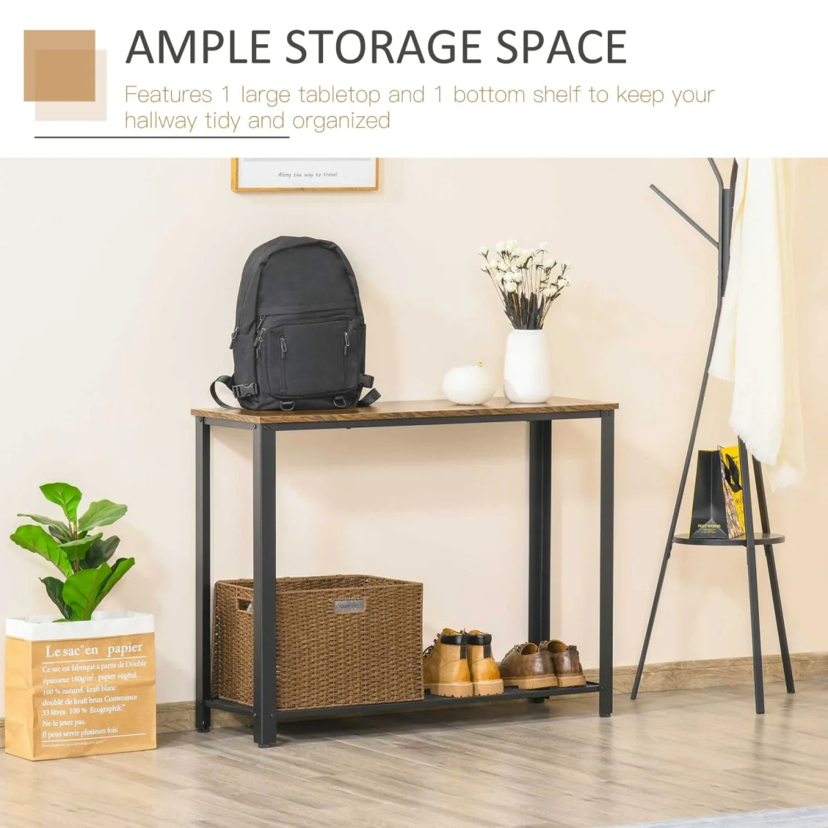 Sovi 101cm Metal and Wooden Rustic Brown Industrial Console Table with Lower Mesh Shelf – image 5