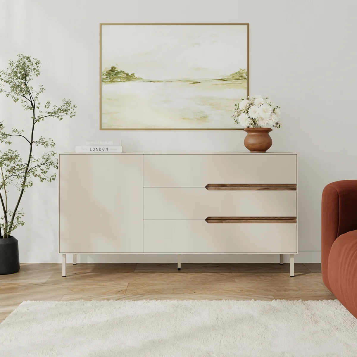 Decortie Arch Console Table With Three Drawers And Cupboard - Sandstone, Whiskey Oak – image 2