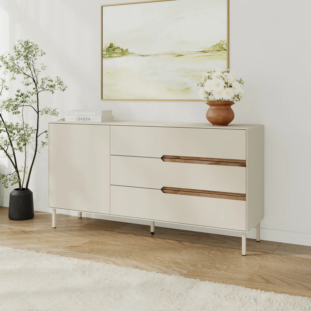 Decortie Arch Console Table With Three Drawers And Cupboard - Sandstone, Whiskey Oak – image 3