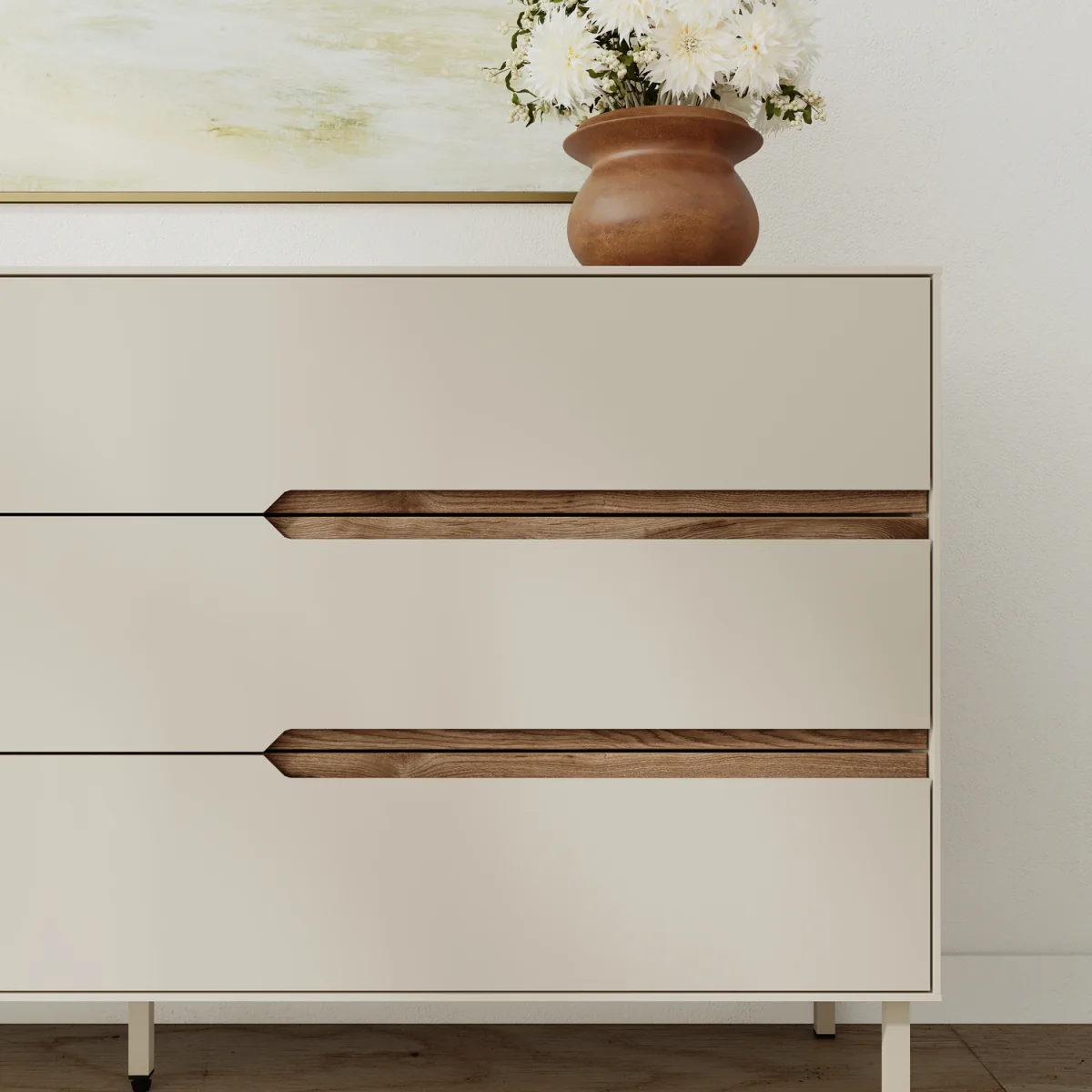 Decortie Arch Console Table With Three Drawers And Cupboard - Sandstone, Whiskey Oak – image 4