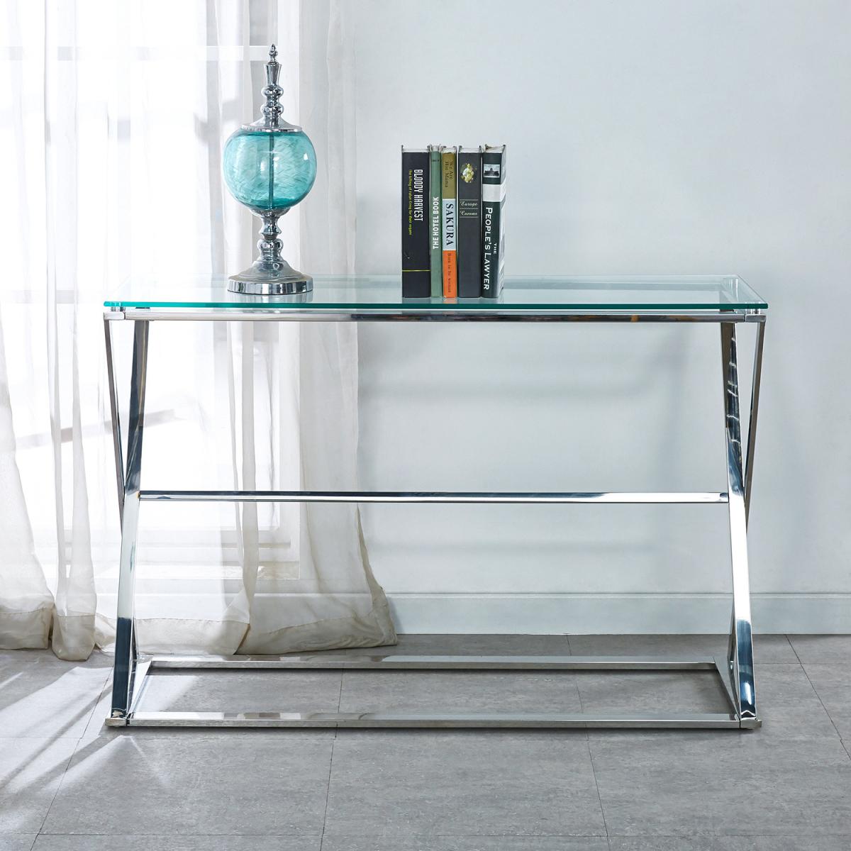 Tempered Glass Top Hallway Tall Console Table Chromed Legs Home Furniture - Silvery – image 3